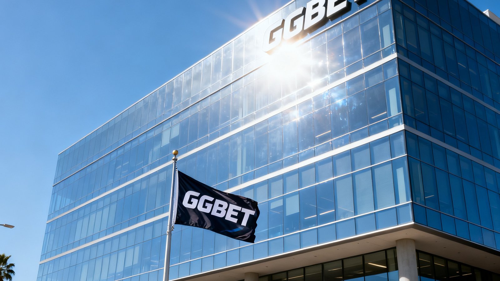 GGBET国际版洛杉矶总部所在的现代化办公大楼外观，玻璃幕墙反射着加州阳光，楼前旗杆上悬挂着GGBET旗帜